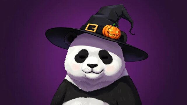Halloween Panda - An illustration of a cartoon panda bear wearing a black witch hat with a jack-o-lantern on top, set against a solid purple background.