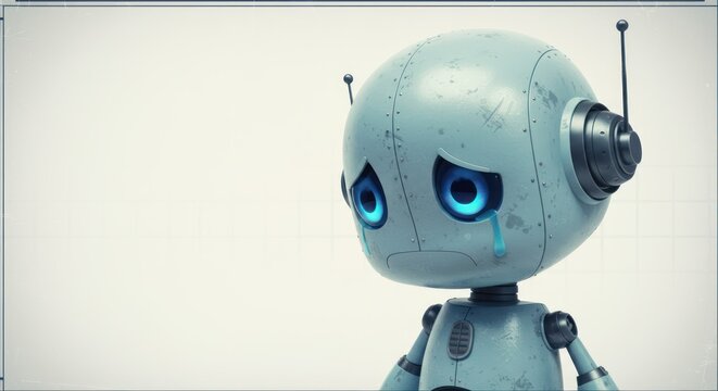 Sad robot with tearful eyes; emotional intelligence concept
