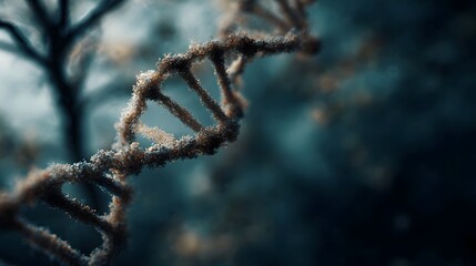 Detailed 3D render of a textured DNA double helix symbolizing science and life against a blurred dark background