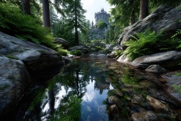 Fototapeta premium Exploring a tranquil forest stream with rocky shores and distant castle ruins