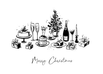 Merry Christmas Card - minimalist hand drawn food and drink vector illustration. Wine, champagne glass, cheese, cake drawings for wedding invitations, menus and parties. Ink doodle sketch style