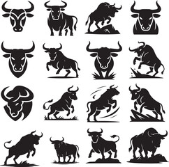 Collection of Black Bull Silhouette Illustrations Featuring Powerful Animals in Various Poses and Artistic Representations on White Background
