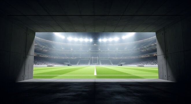 A dramatic view from a dark concrete tunnel onto a brightly lit, empty football stadium field at night.