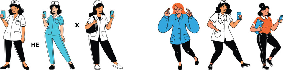 Obraz premium Healthcare Professionals Group Using Smartphones for Communication in a Modern Hospital Setting, Promoting Telemedicine and Medical Technology, Featuring Diverse Nurses, Physicians, Illustrative Style