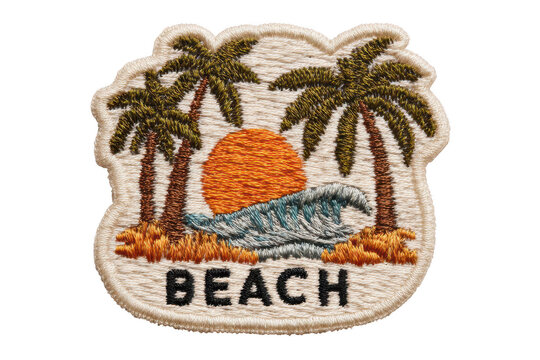 High quality photo of a beaded beach scene with palm trees and a sunset isolated on transparent background