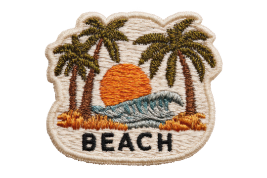 High quality photo of a beaded beach scene with palm trees and a sunset isolated on transparent background