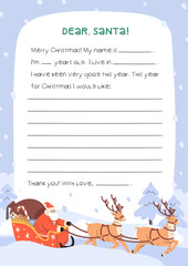 Dear Santa letter template. Christmas mail, wishlist design. Winter holiday blank paper background with Xmas frame, seasonal greeting message, wish list lines, sample. Flat vector illustration.