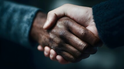 Fototapeta premium A firm handshake between two people of different skin tones signifies agreement and partnership