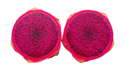 Isolated Red dragon fruit halves, edible Pitaya fruit flesh, tropical fruit delicacy