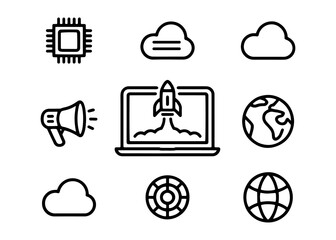 Technology and Cloud Computing Icons Set startup rocket