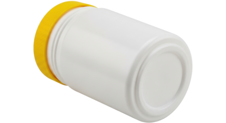 Isolated container with yellow cap lying down, for products in cosmetics or medical industry
