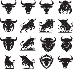 Collection of Black Silhouette Bull Illustrations Posing Powerfully in Various Styles Ideal for Logo Design and Branding