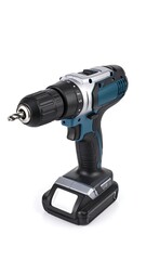 A cordless power tool is shown, angled on white. It features a black, teal, and silver body, chuck and a battery pack. The tool is ready for use