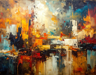 Abstract Urban Cityscape Painting with Bold Colors and Textures, Expressing Raw Emotion