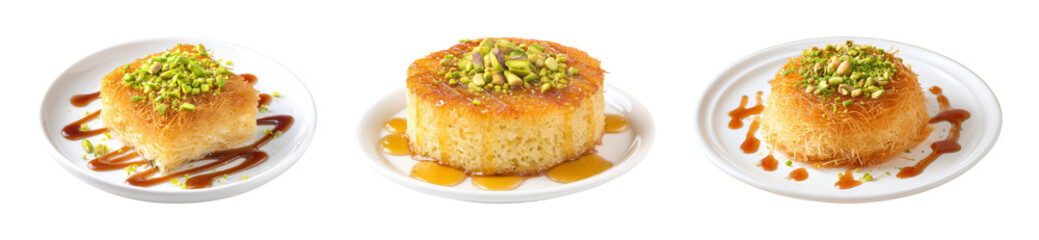 Gourmet Kunafa dessert with golden syrup drizzle and crushed pistachio topping, delicious Middle Eastern sweet treat, isolated PNG set with transparent background