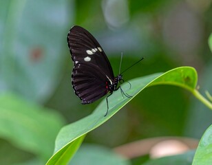 Obraz premium A close-up shot of a black butterfly, with white spots on its wings, perched on a vibrant green leaf. The background is blurred