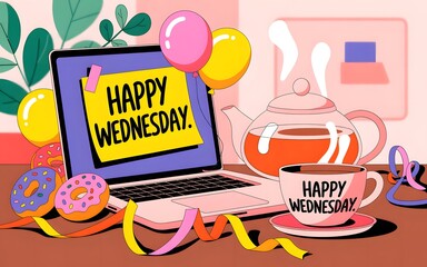 Happy wednesday cozy desk scene with tablet sticky note greeting, steaming teapot and cup, colorful balloons, donuts, potted plants and notebook on wooden table for lifestyle and social media use