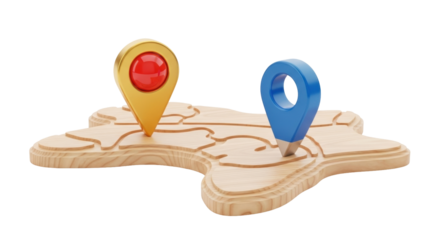 Isolated map marker icons with red and blue pointers on wooden country display