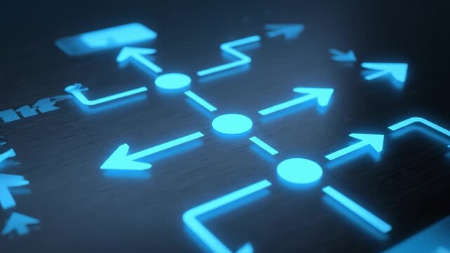 Digital navigation symbols illuminate dark with glowing blue arrows, showcasing modern design pathways that enhance connectivity and evoke sense of exploration through technology