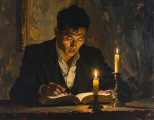 Chiaroscuro painting of a man studying a book by candlelight, evoking focus and solitude