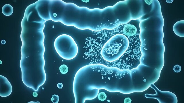 Medical animation of human intestine with microorganisms and cells