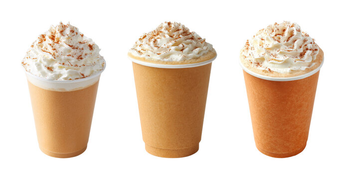 Autumnal pumpkin spice latte with whipped cream and cinnamon topping, perfect for seasonal cafe marketing PNG set with transparent background