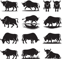 Collection of Bull Silhouette Illustrations Vector Graphics for Design and Creative Projects Representing Strength and Determination
