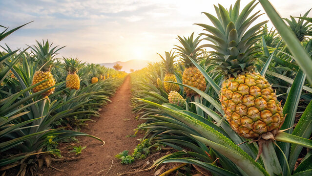 Pineapple plantation at sunset, showcasing the golden hour light on ripe pineapples ready for harvest in a tropical agricultural setting