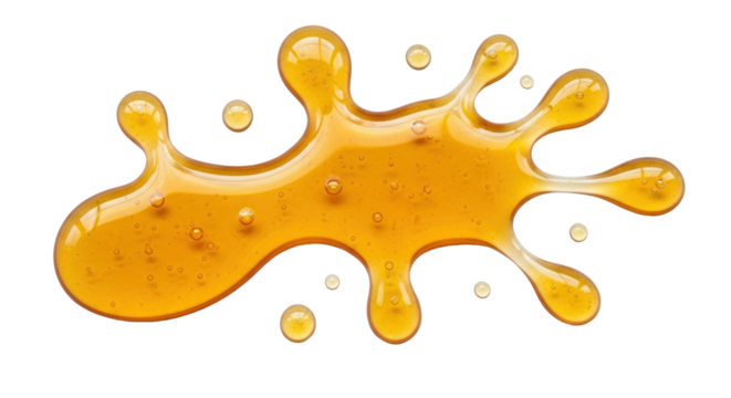 Isolated splash of golden viscous honey or nectar, transparent and glistening blobs