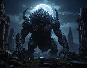 Dark Fantasy Monstrous Guardian in Ruins Under Eerie Moonlight