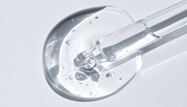 A drop of moisturizing hyaluronic acid serum and a glass pipette on a white background. A swatch of an anti-aging collagen-boosting cosmetic product. Dry skin care