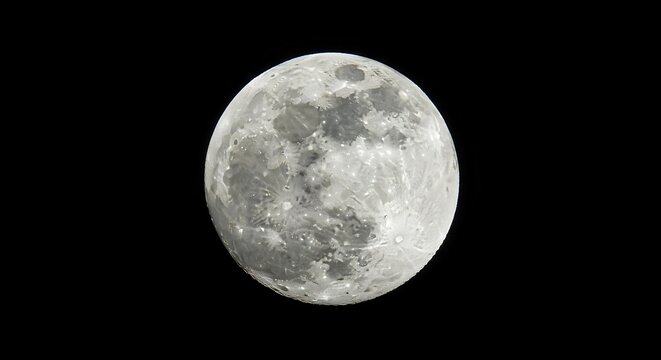 A full moon shines brightly against a stark black sky, revealing detailed surface textures and craters.