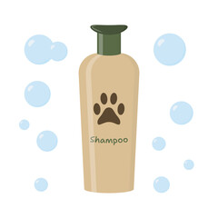 Pet shampoo bottle and foam bubbles flat vector illustration. Natural herbal shampoo concept.