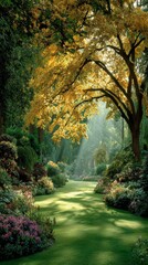 Fototapeta premium Morning elegance: the majestic glow of an autumn meadow. Designer fashion. Autumn's mystic dance: meadow bathed in morning light and fog. Rich texture. Luxury portrait.