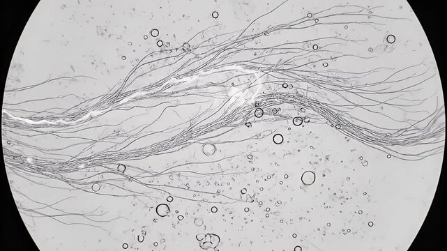 Microscopic view of fibers and bubbles in monochrome