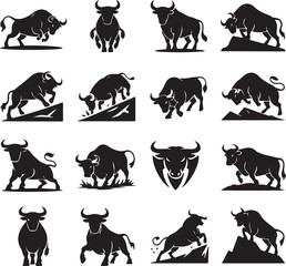 Collection of Powerful Black Bull Silhouettes Vector Illustration for Business and Creative Design Projects Showing Strength and Resilience