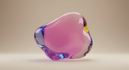 Abstract Transparent Pink Blob with Reflections and Light Effects on Beige Background