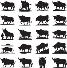 Collection of Silhouette Bull Illustrations Depicting Strong Cattle Farm Animals in Various Poses and Environments