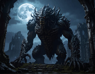 Epic Dark Fantasy Monster Guardian of Ancient Ruins Under Eerie Moonlight