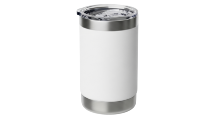 Isolated stainless steel tumbler with lid for hot and cold drinks against plain backdrop