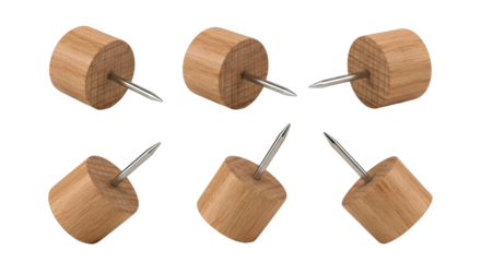 Isolated wooden drawing pin collection. Round and square pushpin set, push pins without background.