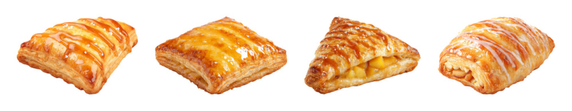 Delicious golden puff pastry turnovers with sweet glaze and fruit filling, perfect for cafe menu and bakery advertising PNG set with transparent background
