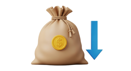 Isolated sandbag with dollar sign and down arrow for cost savings, deflation concept