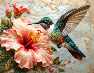 Embroidery Art: Hummingbird and Hibiscus Flower in Intricate Stitching and Vibrant Colors