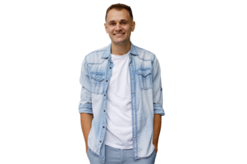 Smiling man wearing denim shirt, hands in pockets, showing confidence and happiness on transparent background