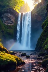 Rainbow Waterfall Cascading over Mossy Rocks A Breathtaking Sunlit Spectacle of Nature