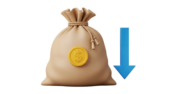 Isolated sandbag with dollar sign and down arrow for cost savings, deflation concept