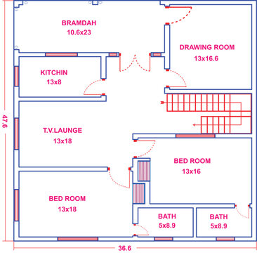 Modern vector house floor plan blueprint design showing living spaces, bedrooms, kitchen, drawing room, baths with exact room sizes and dimensions,36.6x47.6