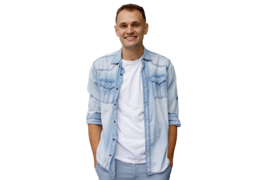 Smiling man wearing denim shirt, hands in pockets, showing confidence and happiness on transparent background