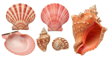 Isolated seashells collection on display featuring scallops and conch shells for decorative use